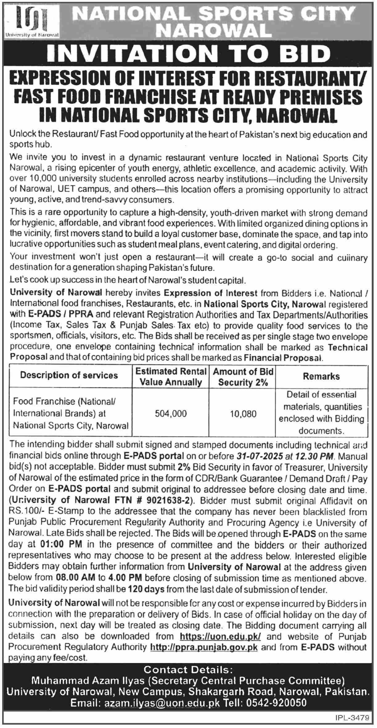 National Sports City Narowal Tender Notice
